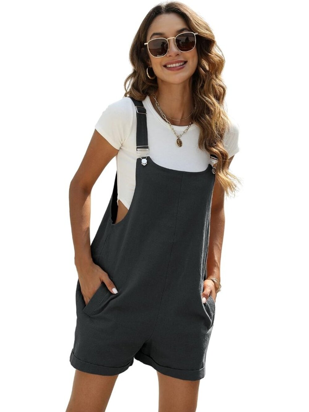 Women's Darkgrey Summer Cotton Linen Short Casual Bib Overall Romper with Pocket
